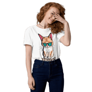 woman smiling in white kittens graphic t-shirt with rolled sleeves