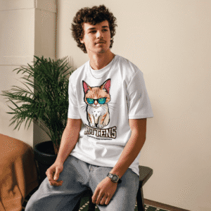 man in white kittens graphic t-shirt with rolled sleeves