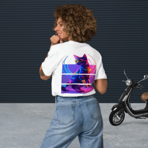woman wearing an art cat tee