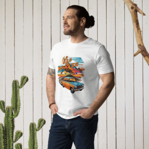 Man wearing AmizDesign teal retro car t-shirt with Full Gas No Brakes vintage car graphic, lifestyle mockup with cactus background.