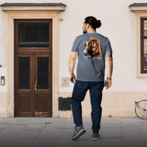 Man wearing AmizDesign lion print shirt with bold lion graphic t-shirt design, standing outdoors in an urban street setting.