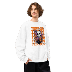 Model wearing white Terror sweatshirt with skull and floral design